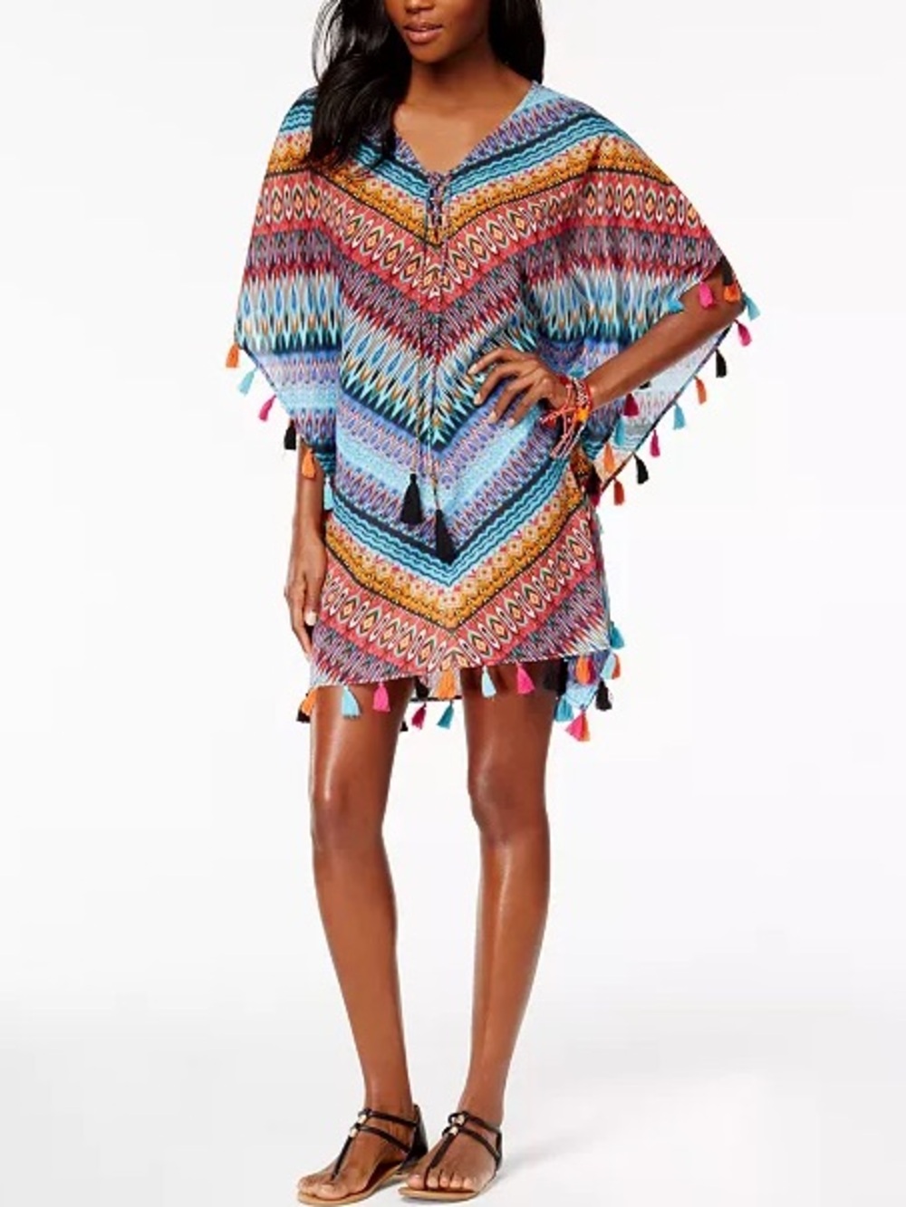 Miraclesuit Casbah Cotton Fringe Tassel Printed Cover Up Caftan Size L